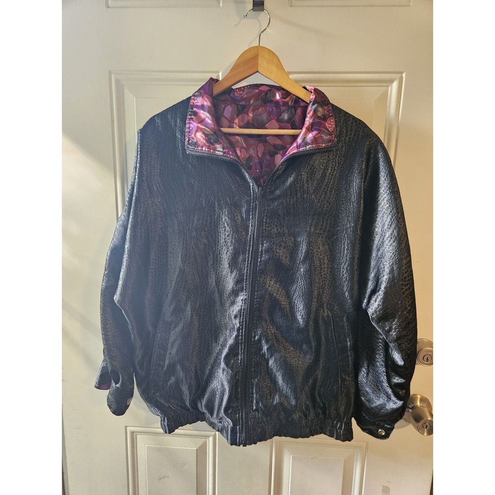 Vintage Reversible Black Faux Snakeskin & Purple Abstract Print Zip Jacket...